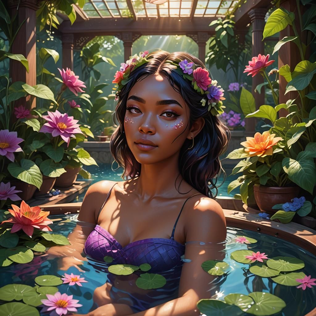 Girl in Hot Tub: Vibrant Art Nouveau Fantasy