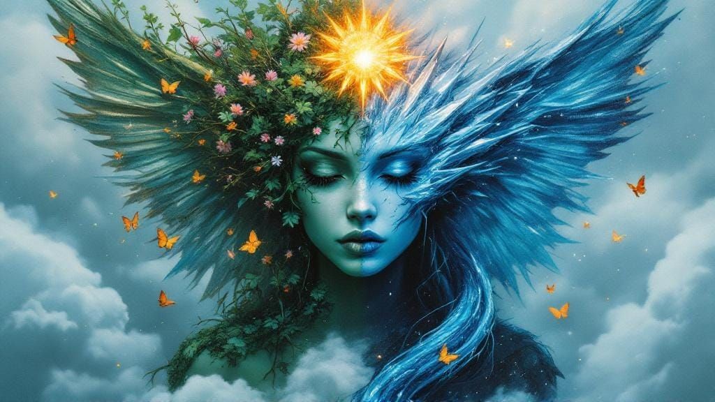 Surreal Manhwa Angel Portrait in Double Exposure