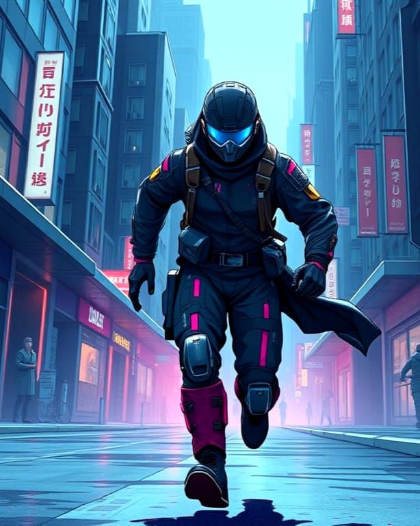 Bounty Hunter Pursues Fugitive in Neon Cityscape