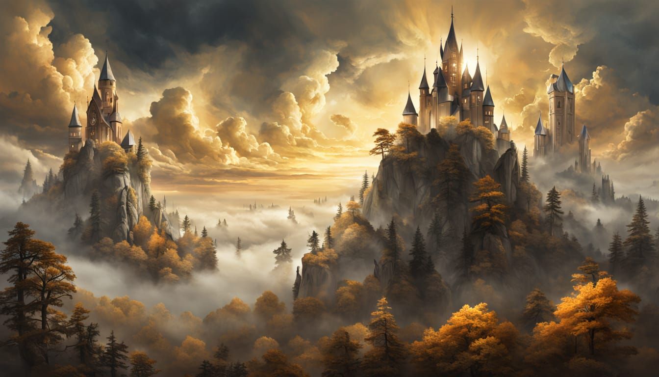 Ethereal Choir Faces Above Golden Clouds and Stone Spires