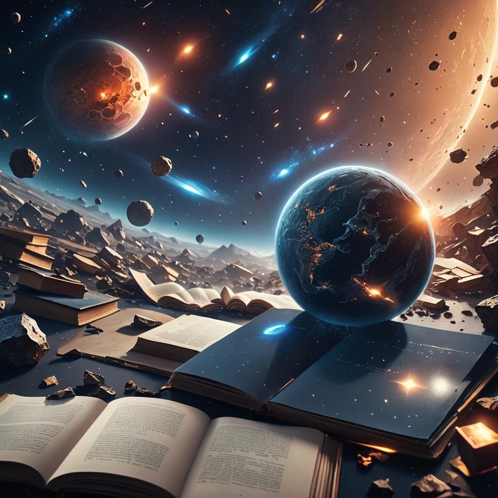 Cosmic Planet Surrounded by Asteroids and Book Pages