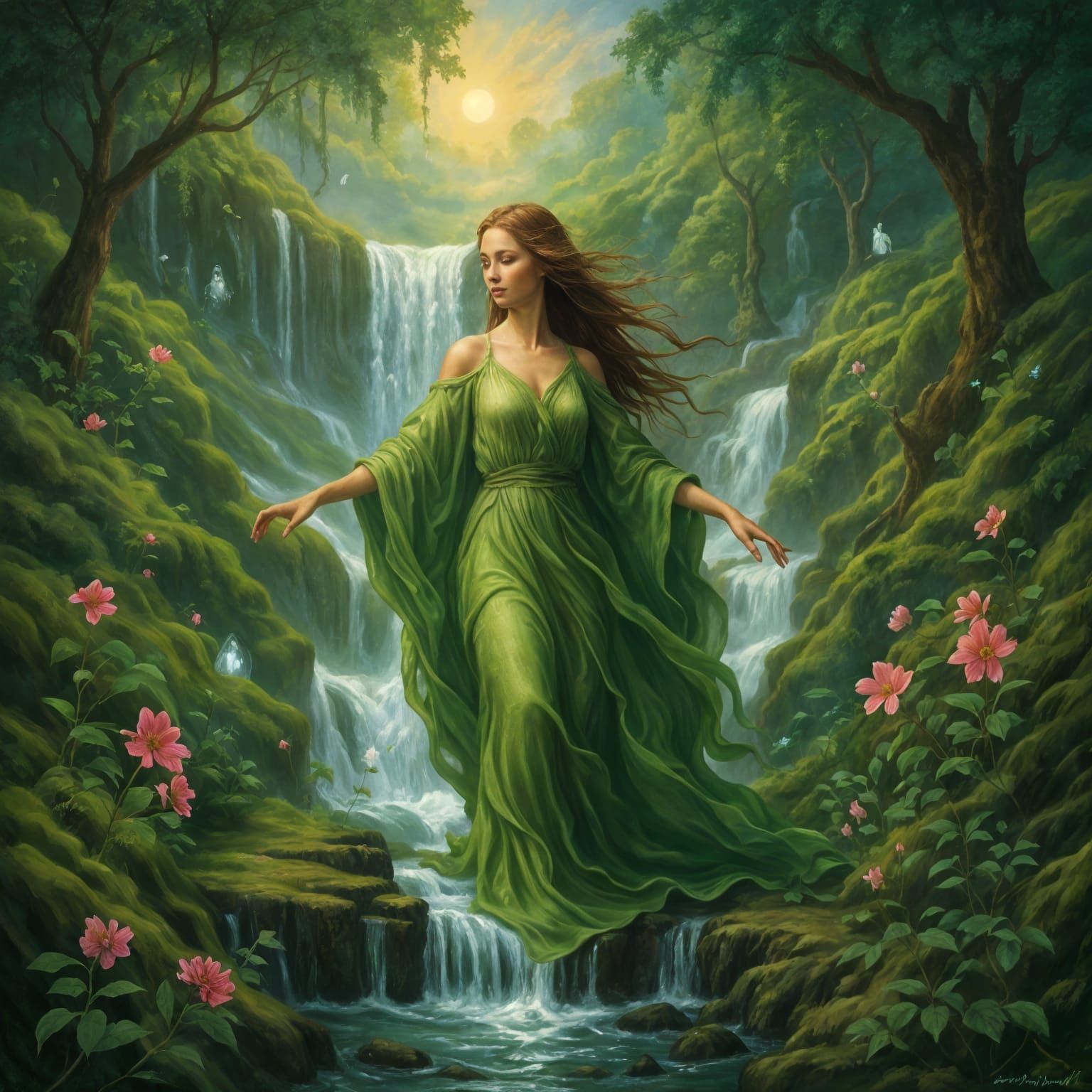 Green Woman Emerges from Waterfall in Impressionistic Oil Pa...
