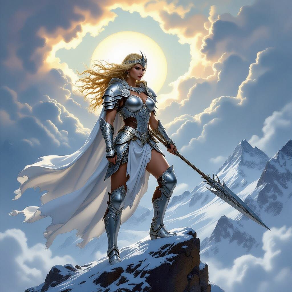 Valkyrie Warrior on Windswept Peak in Heroic Fantasy Style