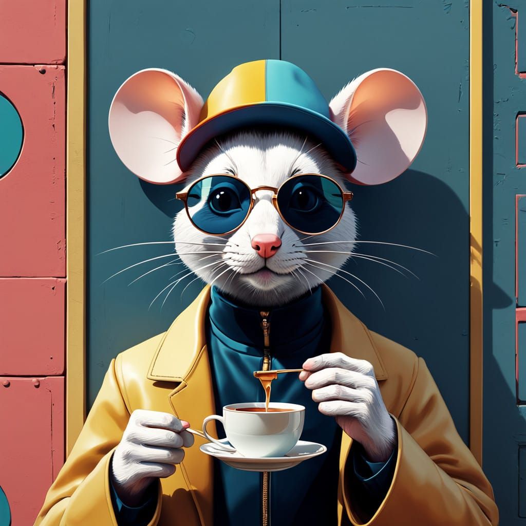 Sleek Mouse in Retro Chic Attire Sips Tea in Bright, Pop Art...