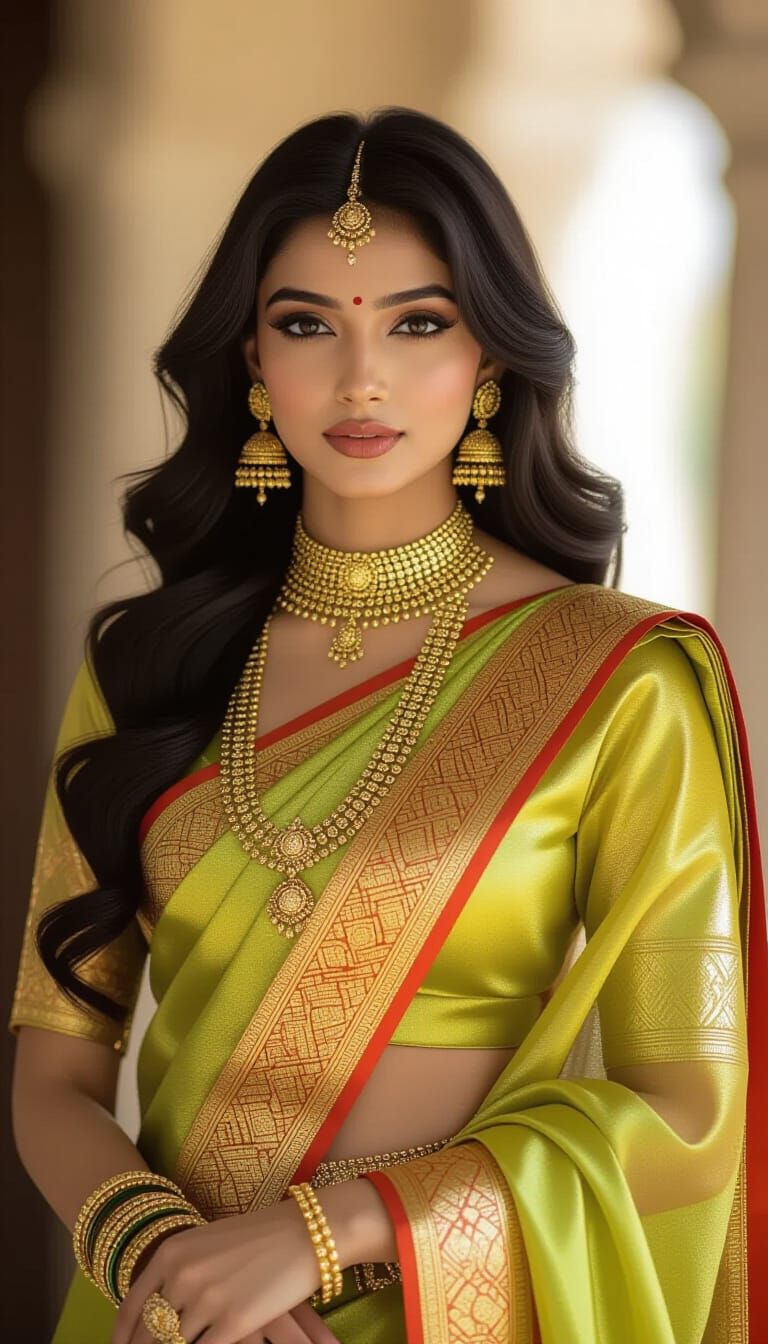 Glamorous Indian Woman in Metallic Gold Saree
