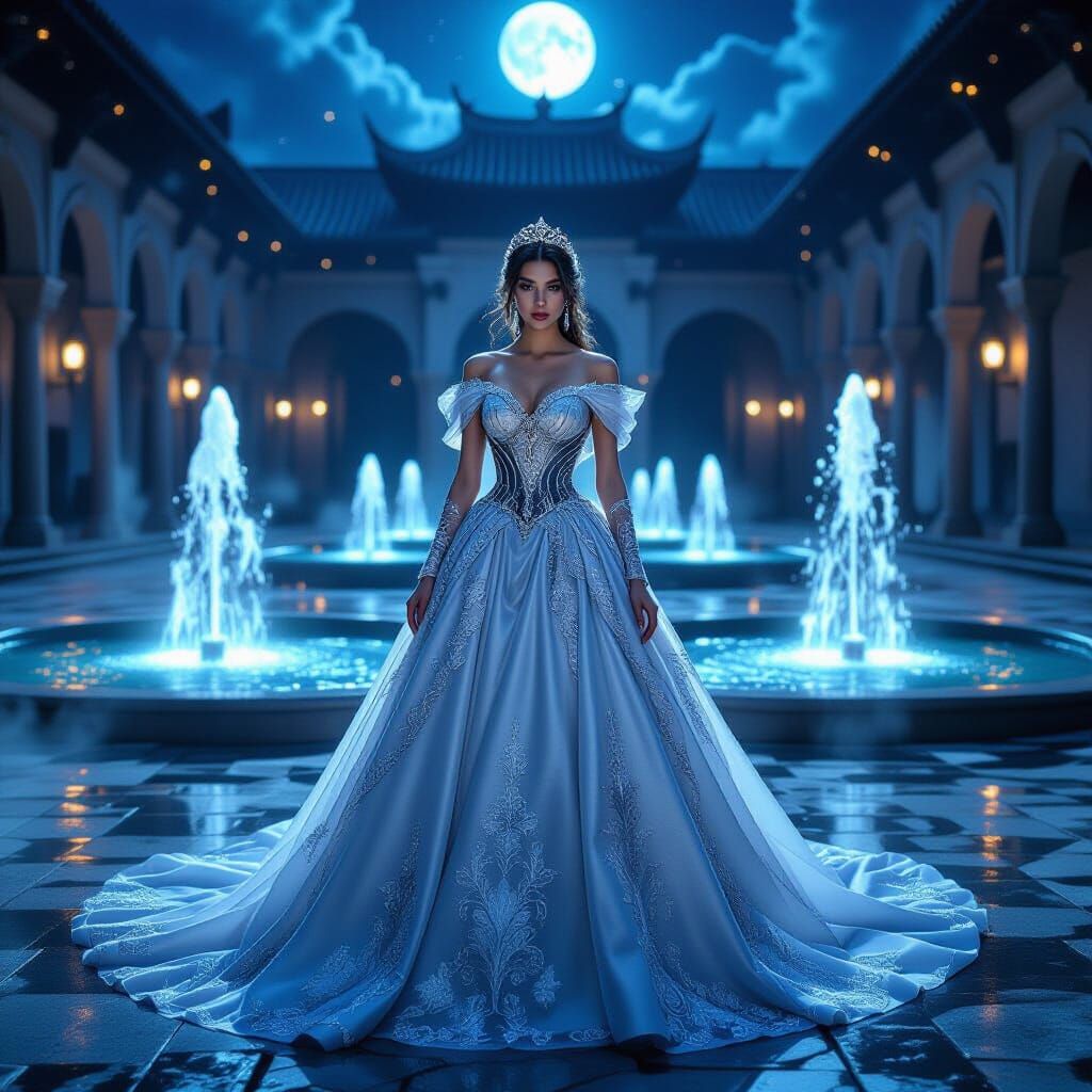 Ethereal Princess in Moonlit Courtyard, Digital Art
