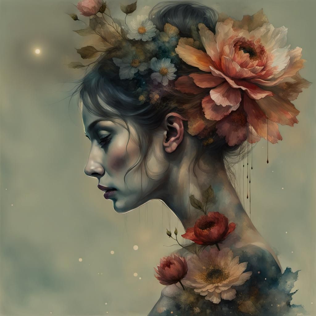 Ballerina Double Exposure: Floral Watercolor Collage