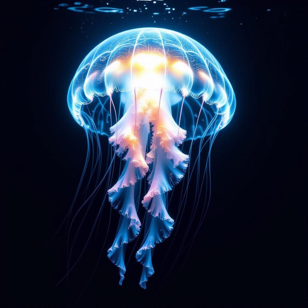 Bioluminescent Jellyfish Drifting in Black Ocean
