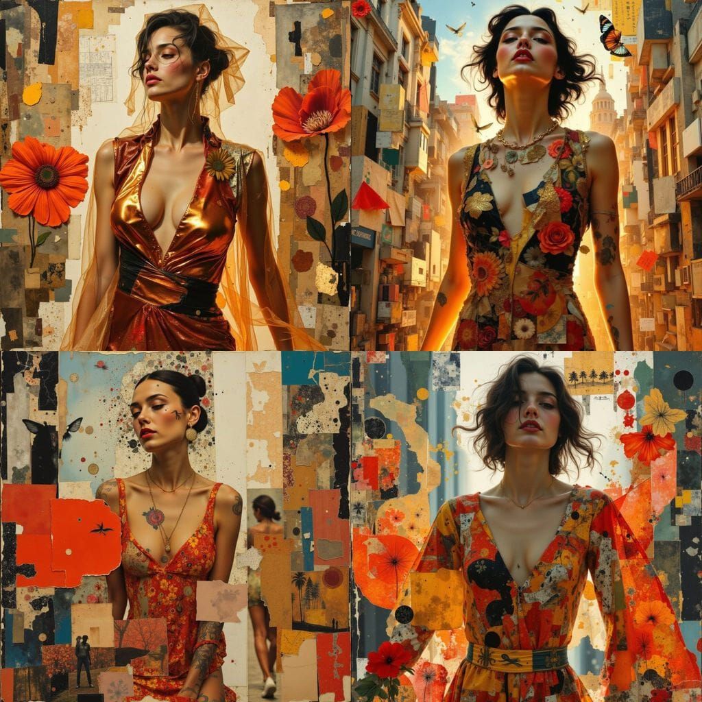 Woman Running with Fiery Energy, Collage Art