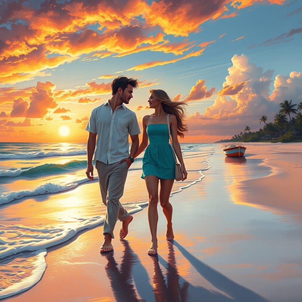 Romantic Couple Stroll on Sun-Drenched Beach