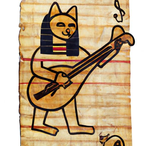 Egyptian Cat Playing Guitar on Papyrus
