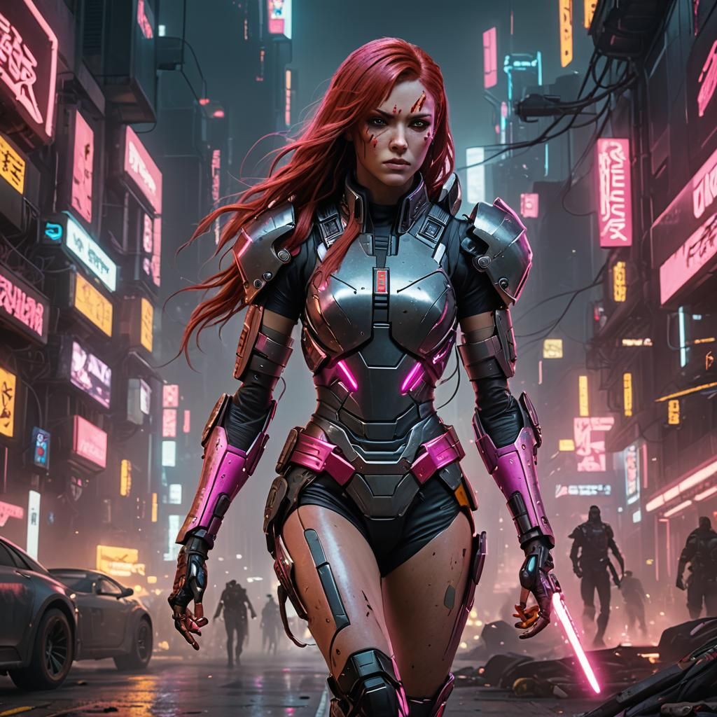 Cyberpunk Cyborg Warrior in Neon Cityscape