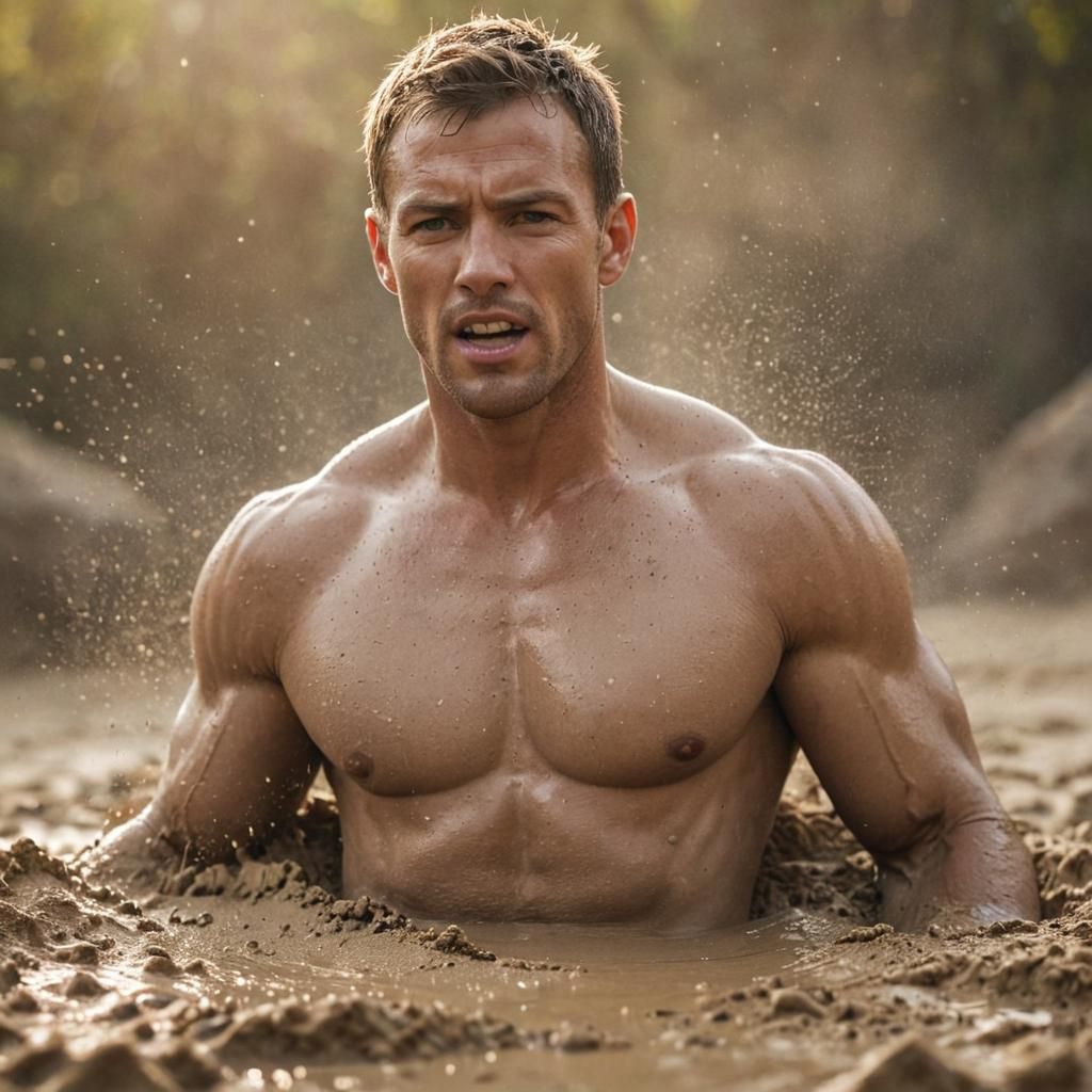 Muscular Man Sinking in Quicksand: Hyper-Realistic Photograp...