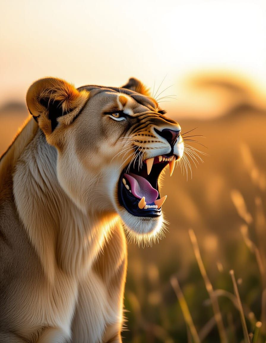 Majestic Lioness Roaring on Sun-Drenched Savanna