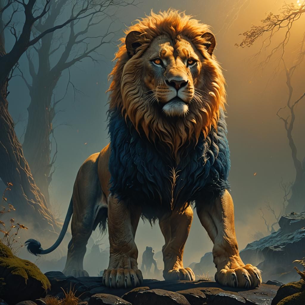Majestic Half-Human, Half-Lion Creature in Beksiński Style