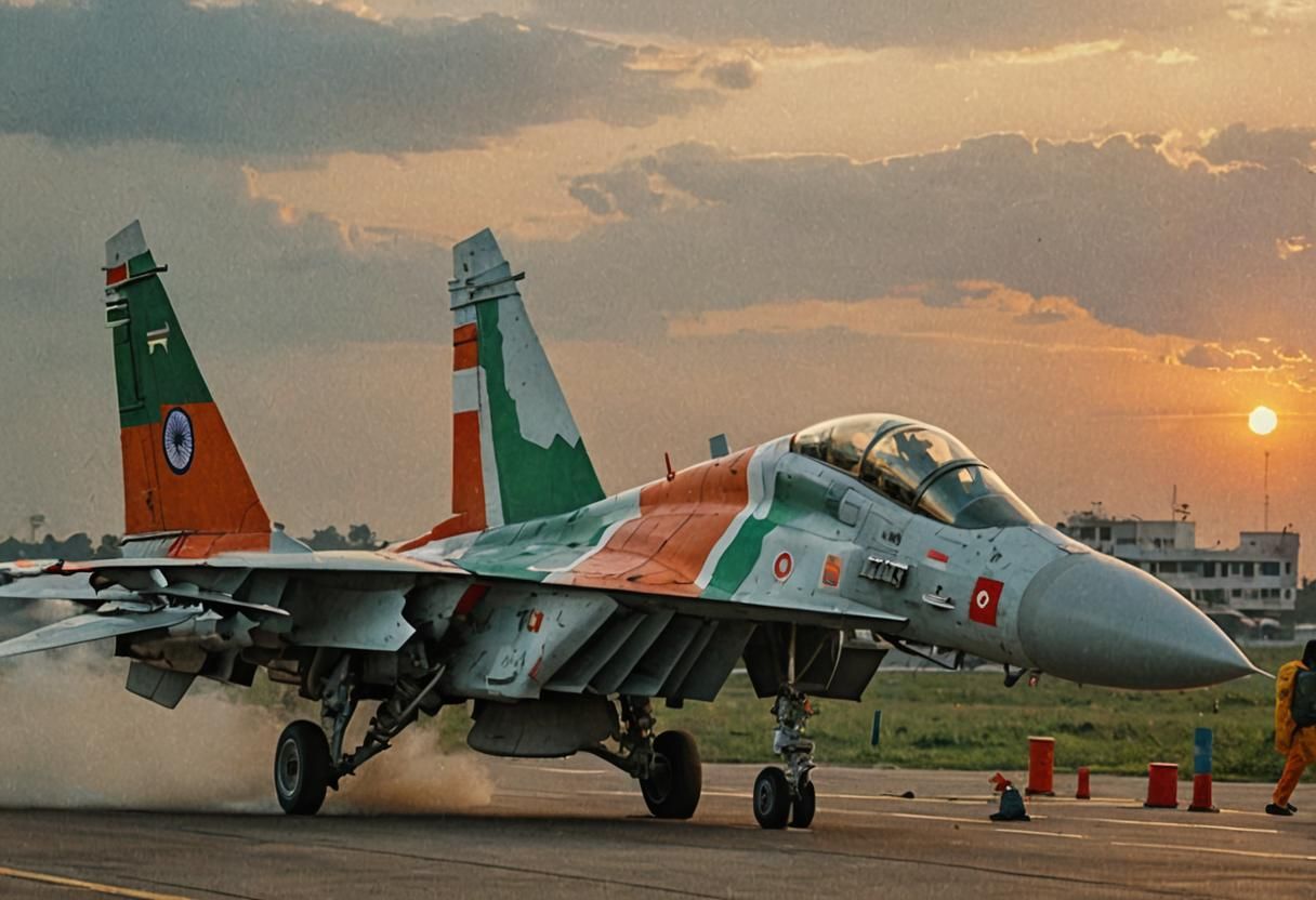 Indian Sukhoi Fighter Jet, Watercolor Sunset