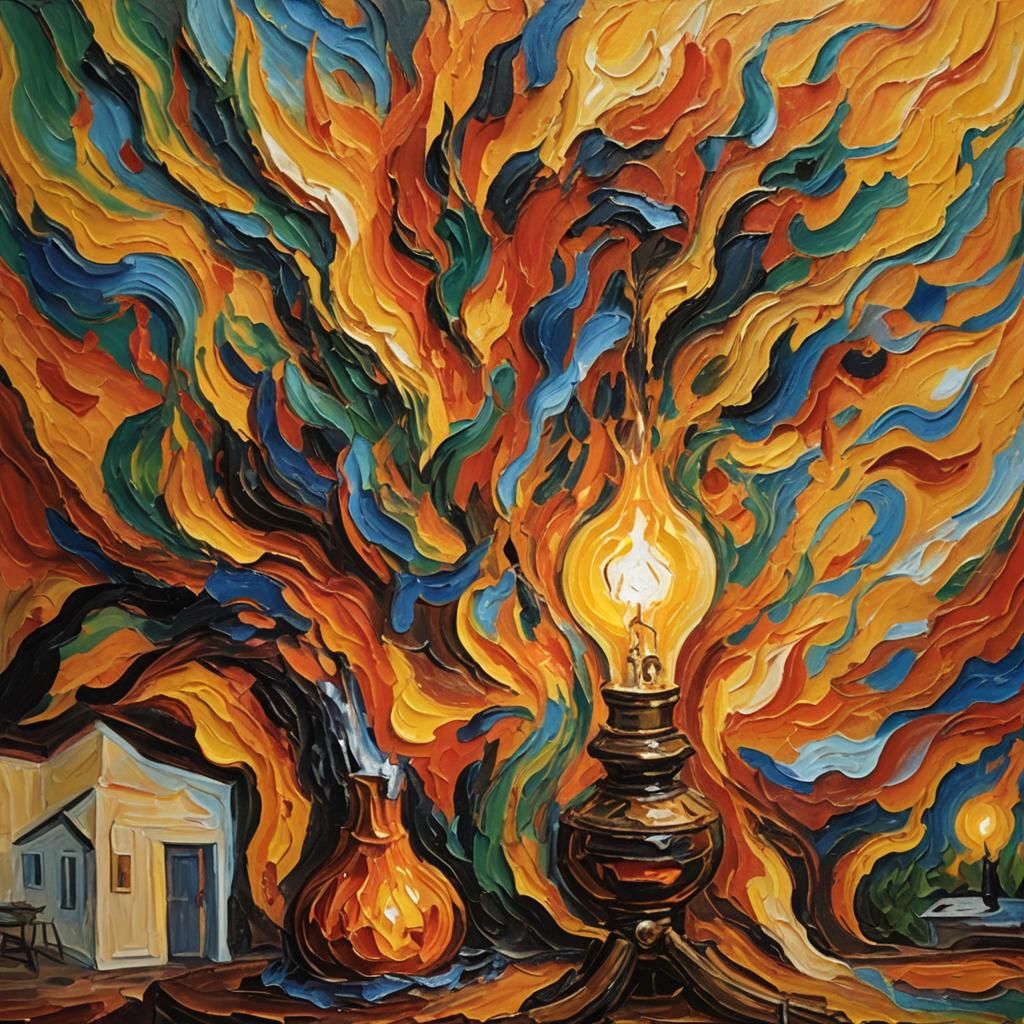 Lamp Volcano in Living Room, Expressionist Oil Painting