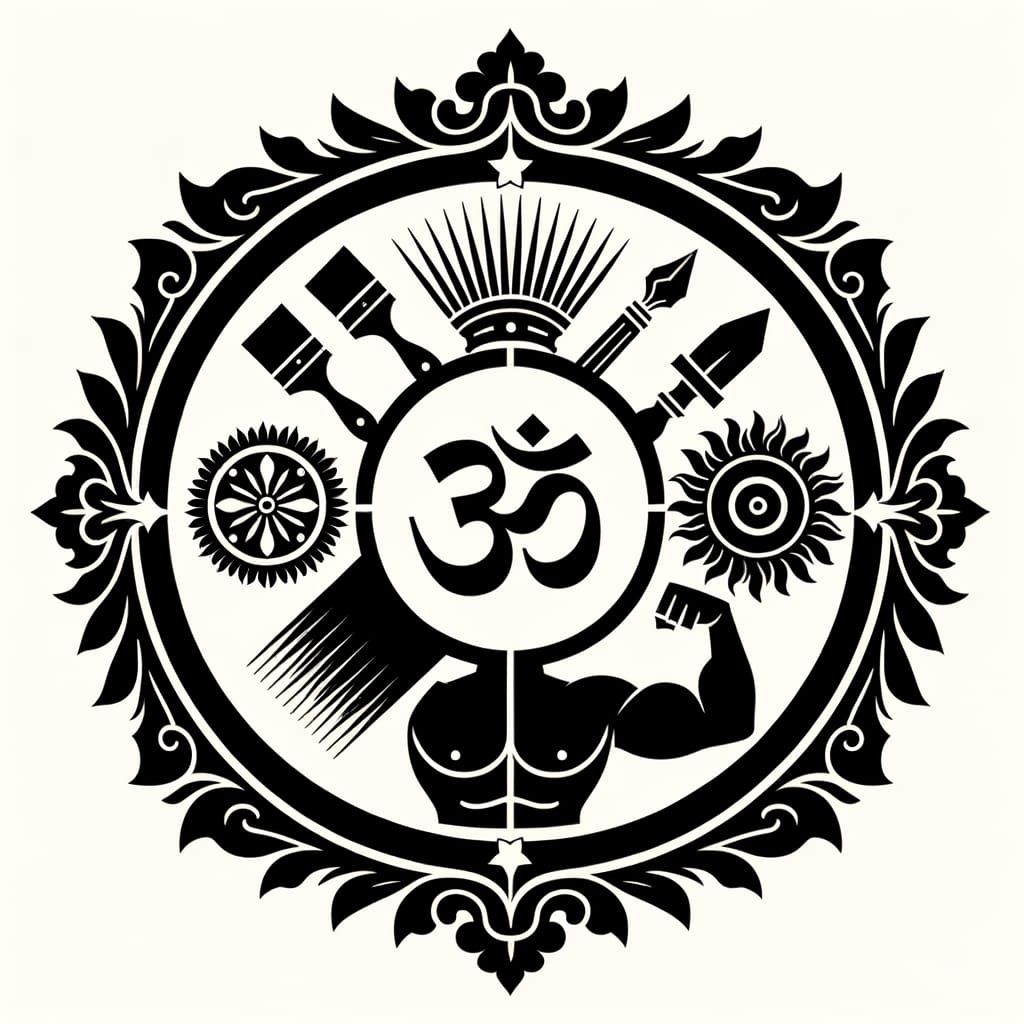 Coat of Arms: Om, Art, Athletics, Trust Symbols