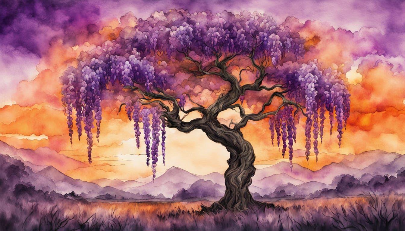 Vibrant Dawn Wisteria in Charcoal Watercolour