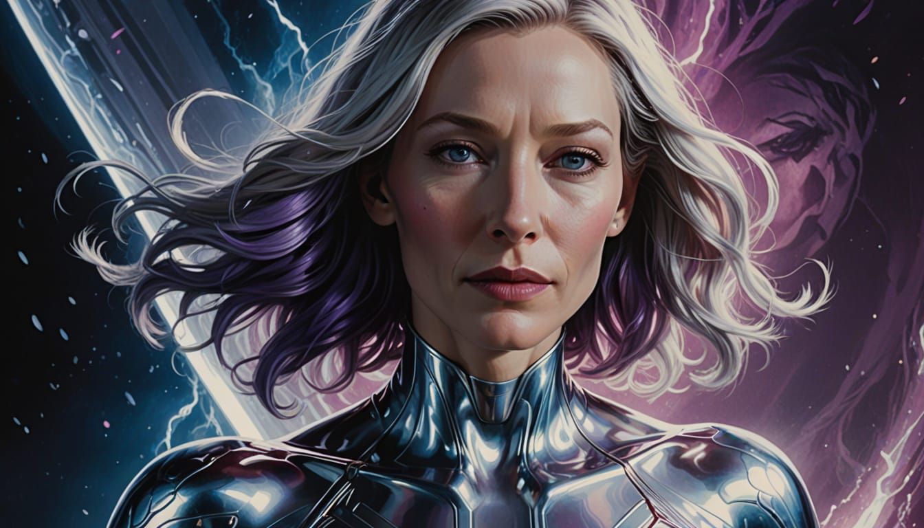 Cate Blanchett as Radiant Silver Surfer in Vibrant Oil Paint...