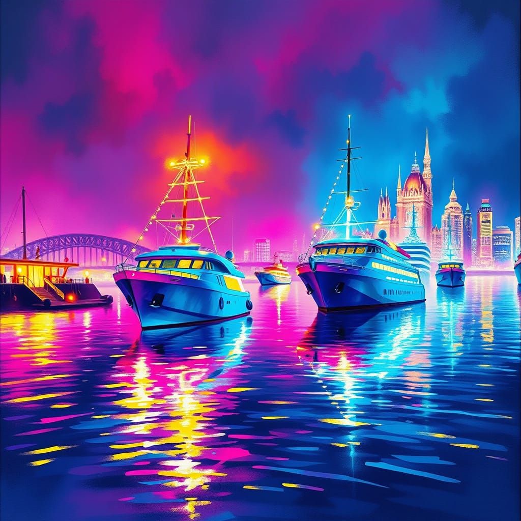 Neon Harbor Dreamscape with Luminous Ships