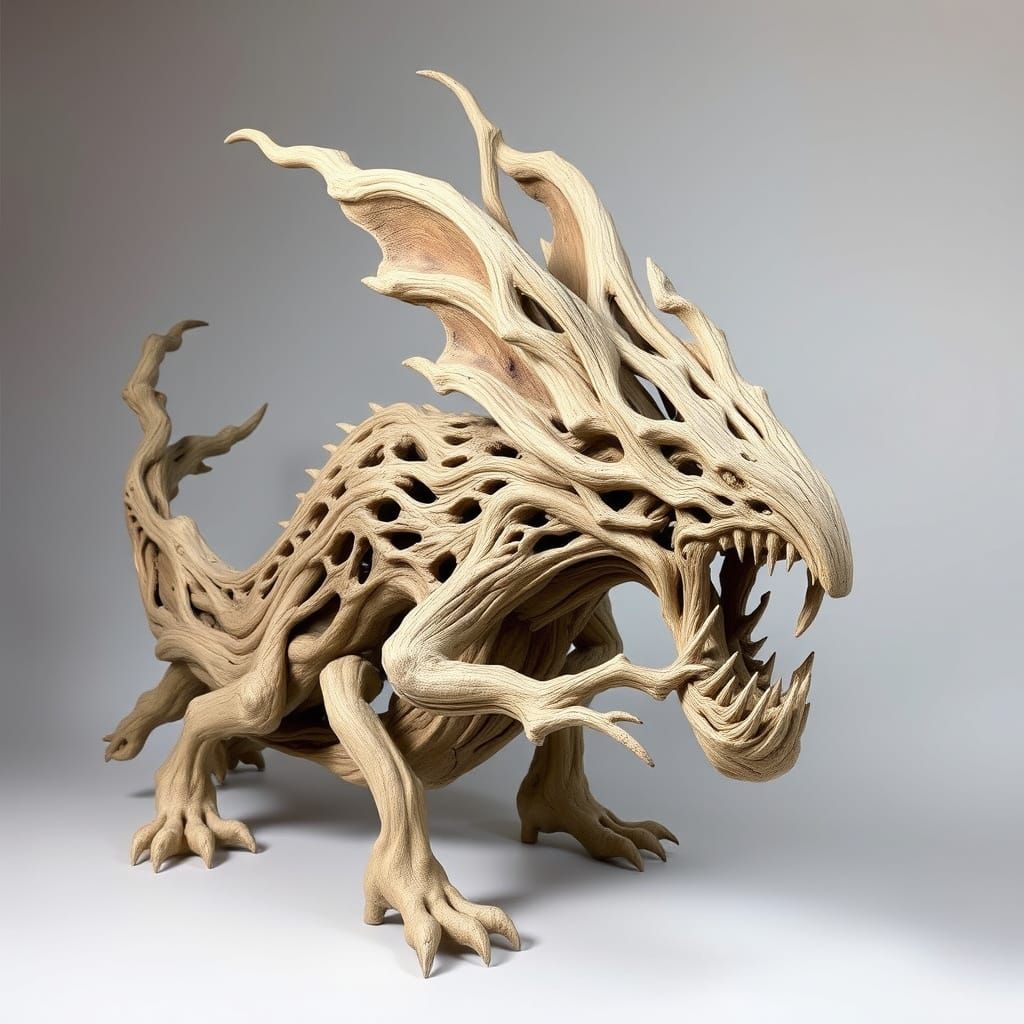 Mythical Driftwood Creature Sculpture in Organic Style