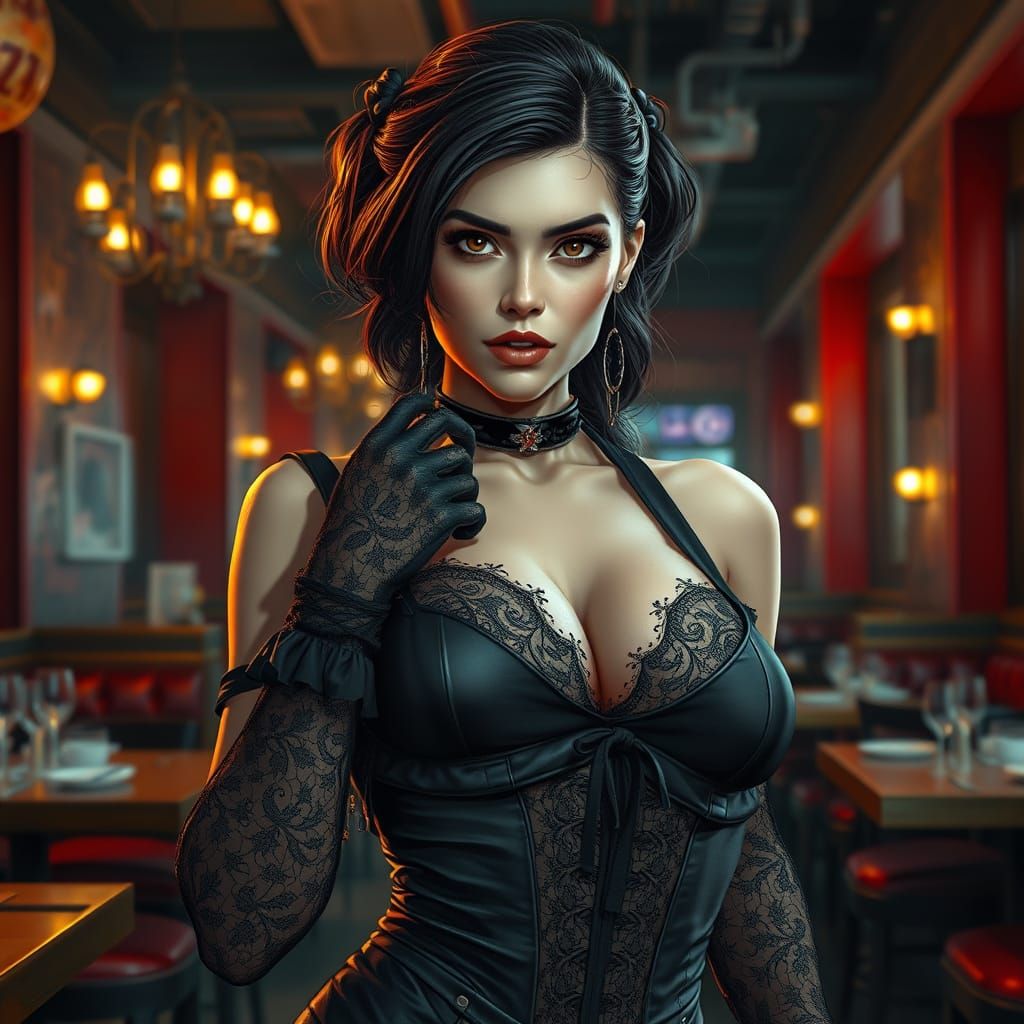 Goth Woman in Restaurant, Dark Romanticism Style