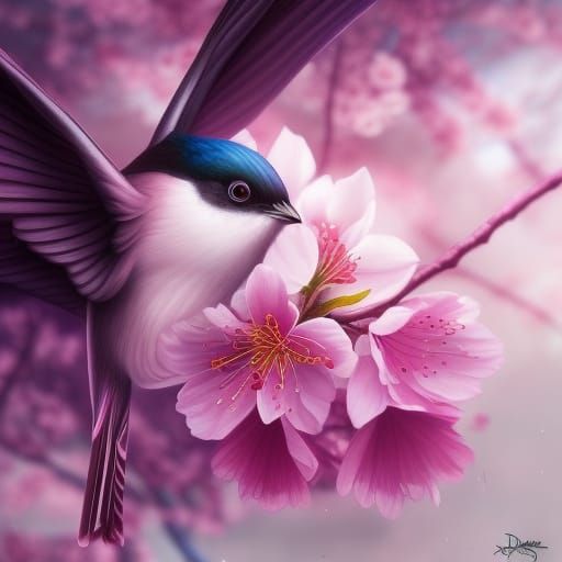Cherry Blossoms and Bird: Detailed 3D Digital Art
