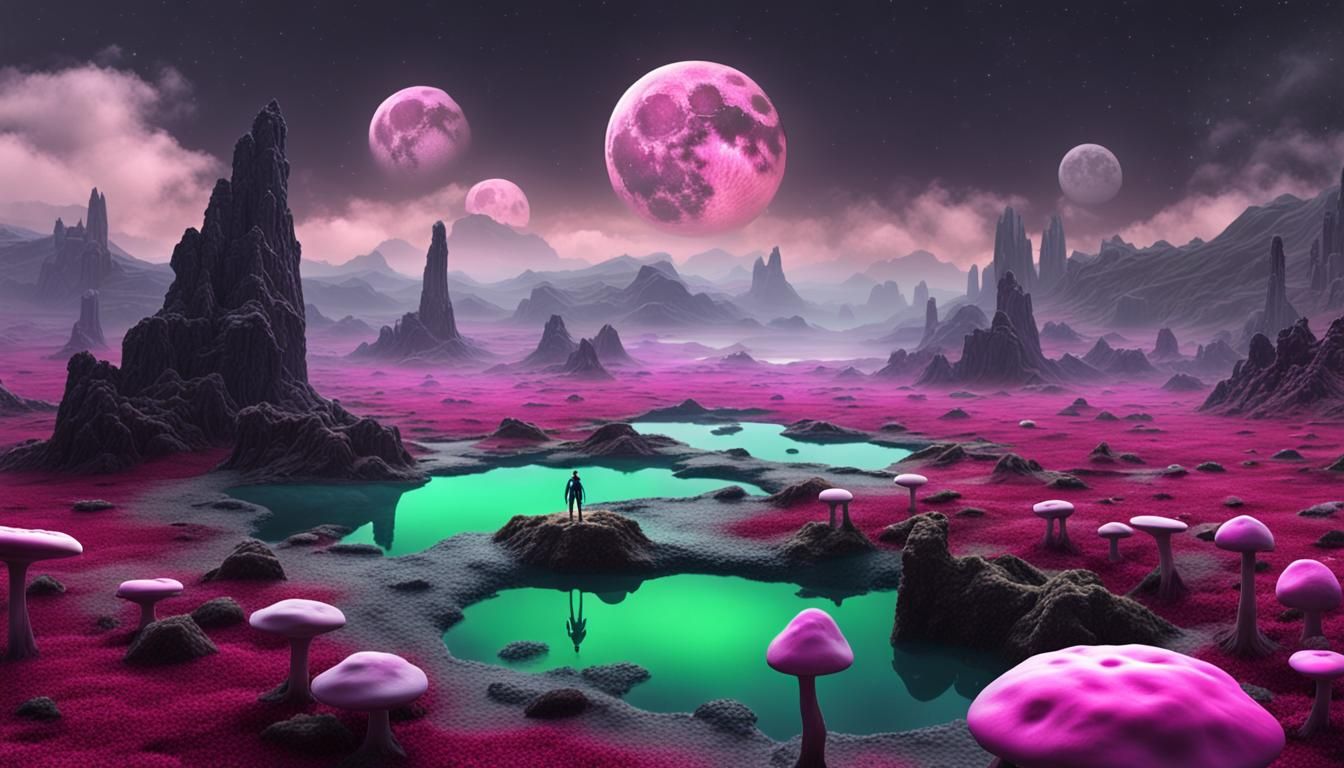 Gray Alien on Alien Planet with Bioluminescent Mushrooms