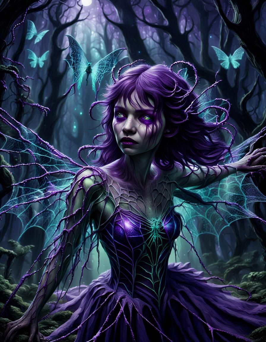 Angelic Creature Entangled in Dark Enchanted Forest