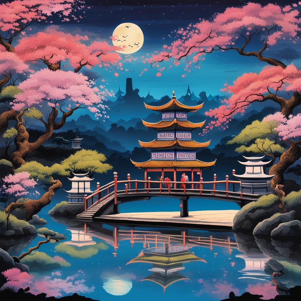 Zen Garden with Geisha in Dark Fantasy Style