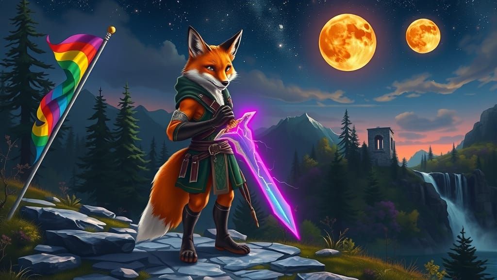 Fantasy Fox Warrior Under Starry Night Sky