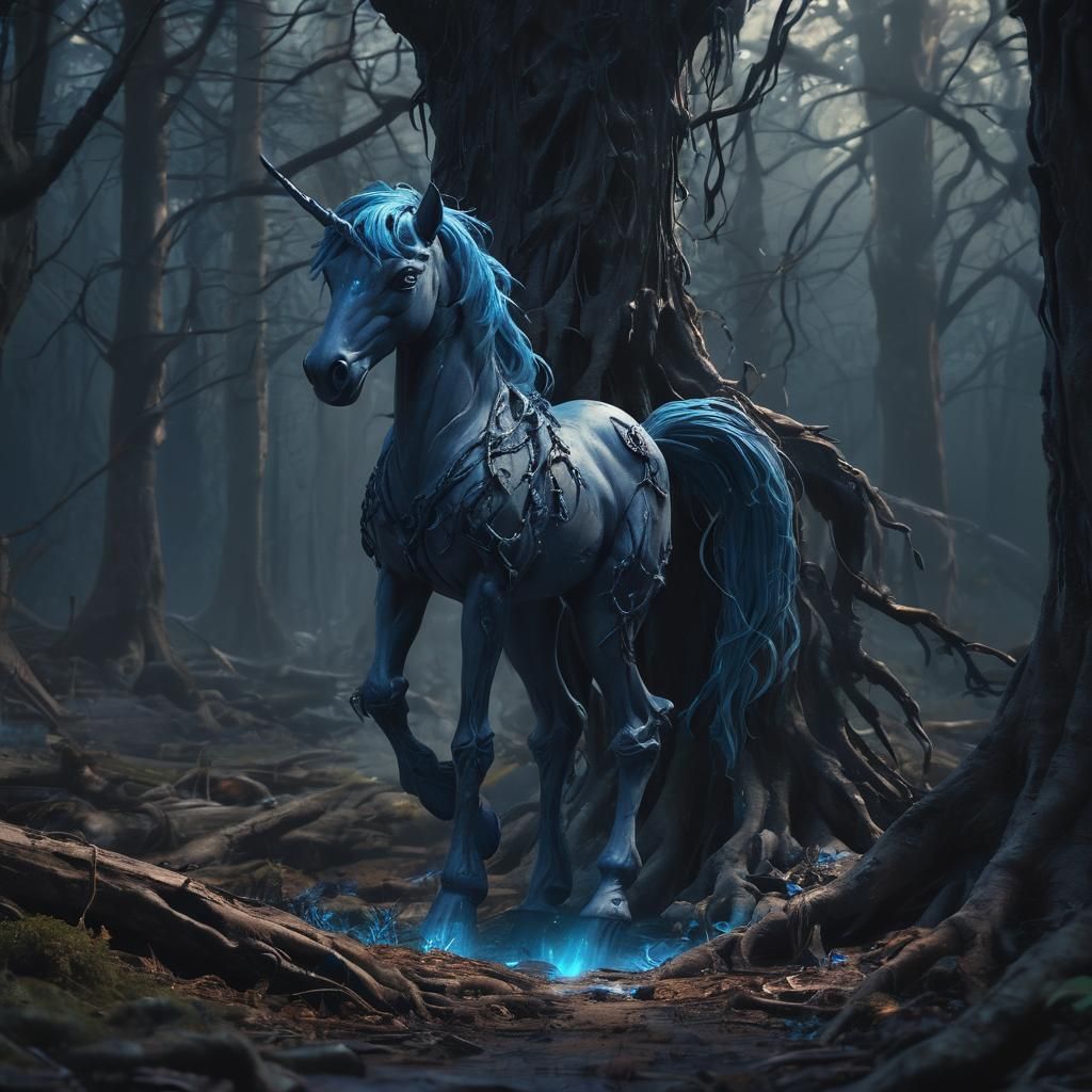 Mystical Pony Bares Fierce Gaze Amid Eerie Dark Fantasy