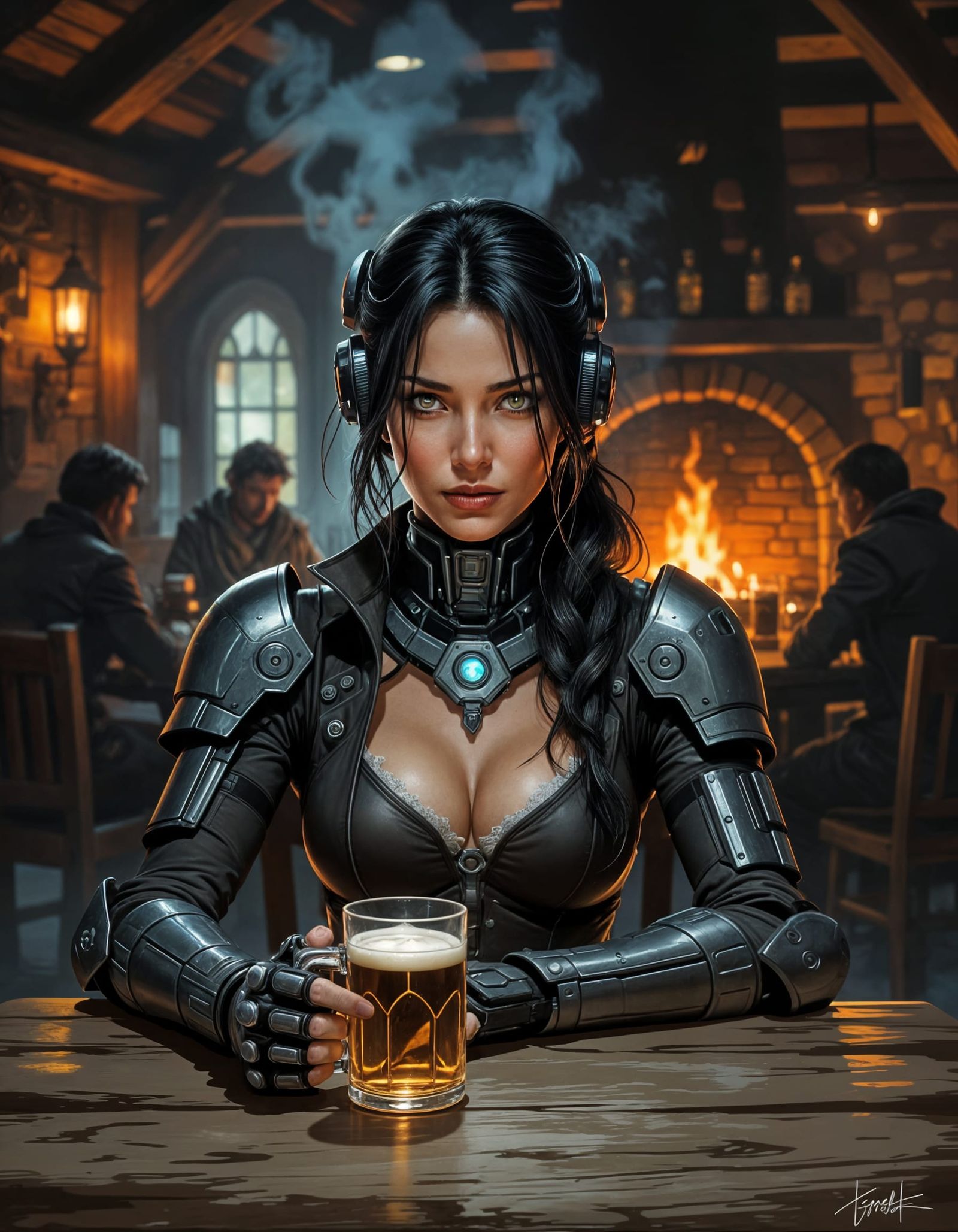 Cyberpunk Tavern Scene: Woman with Enhancements