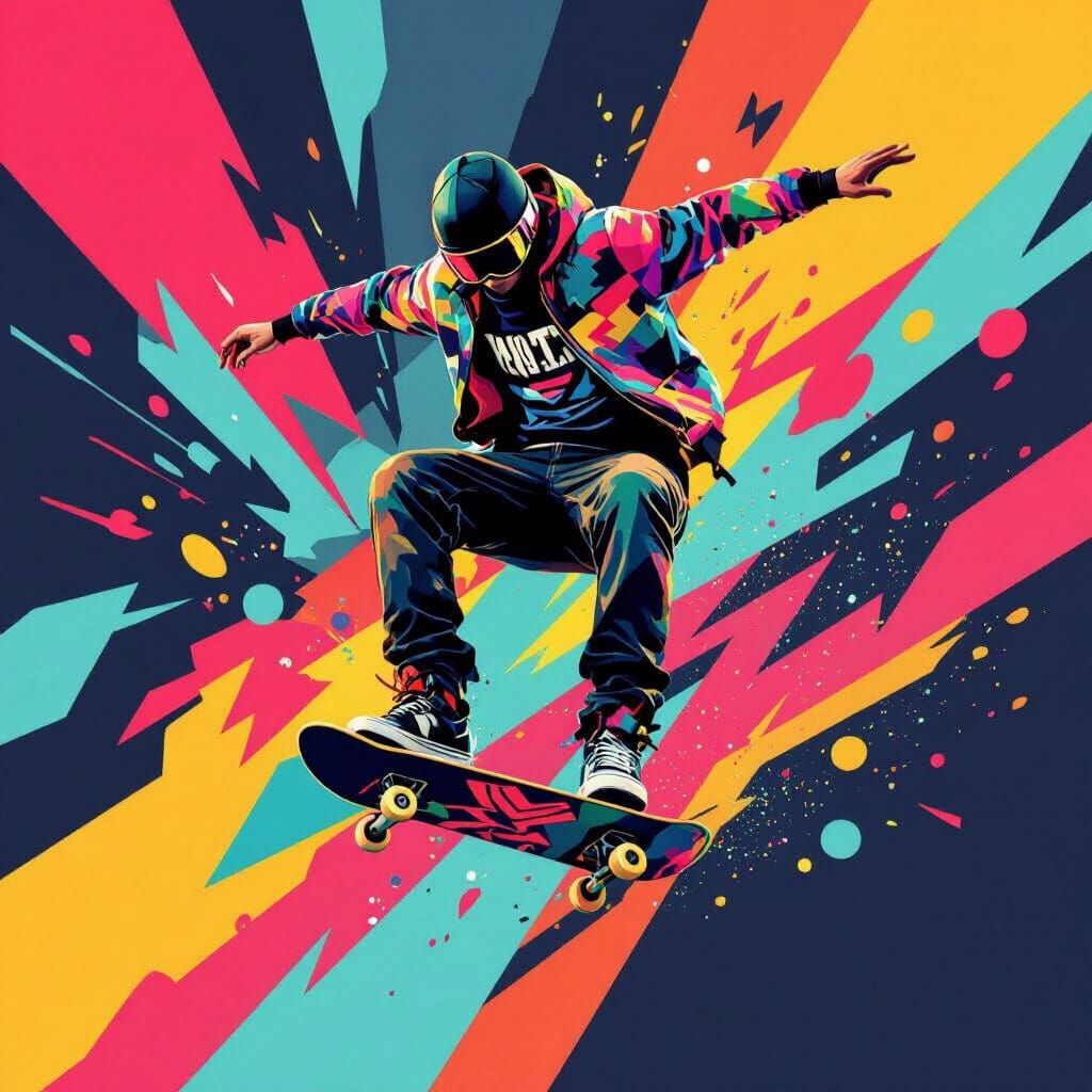Skateboarder Kickflip in Abstract Geometric Art