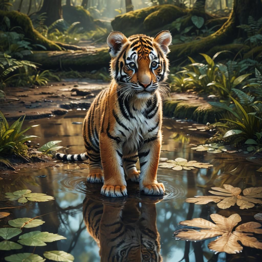 Tiger Cub's Majestic Reflection: Fantasy Concept Art