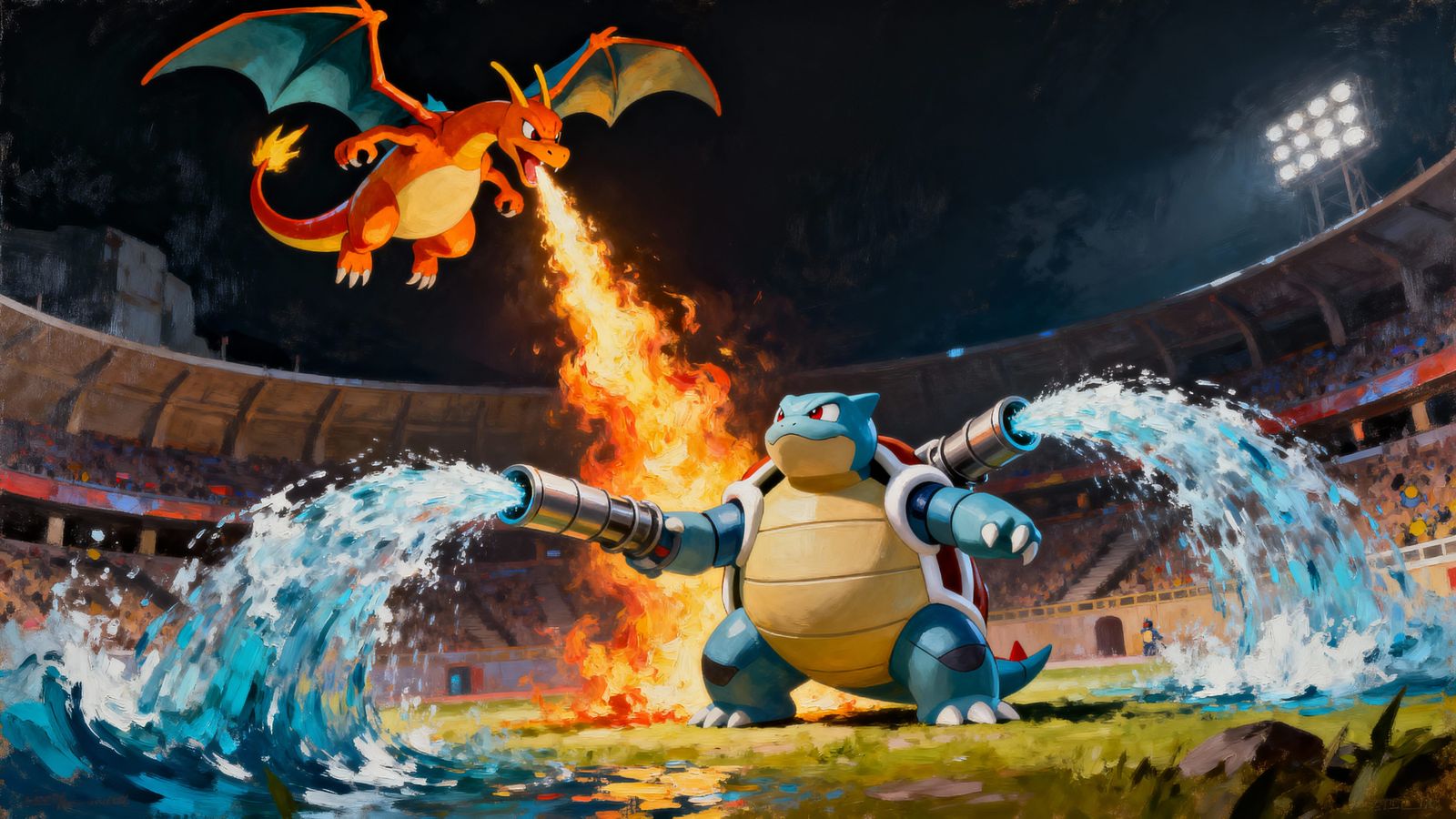 Epic Pokémon Battle: Blastoise vs Charzard in Oil Painting S...