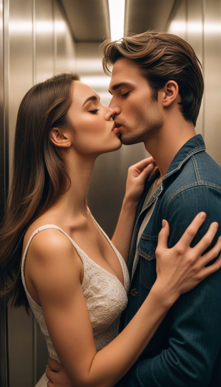 Romantic Elevator Kiss Reflected in Mirrors