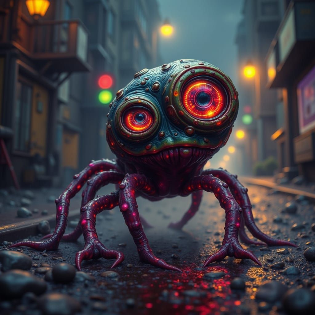 Whimsical Tentacled Creature in Deep Colors