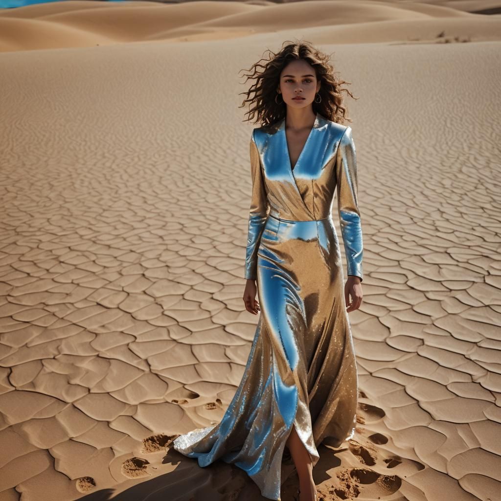 Woman in Beige Dress in Desert Landscape