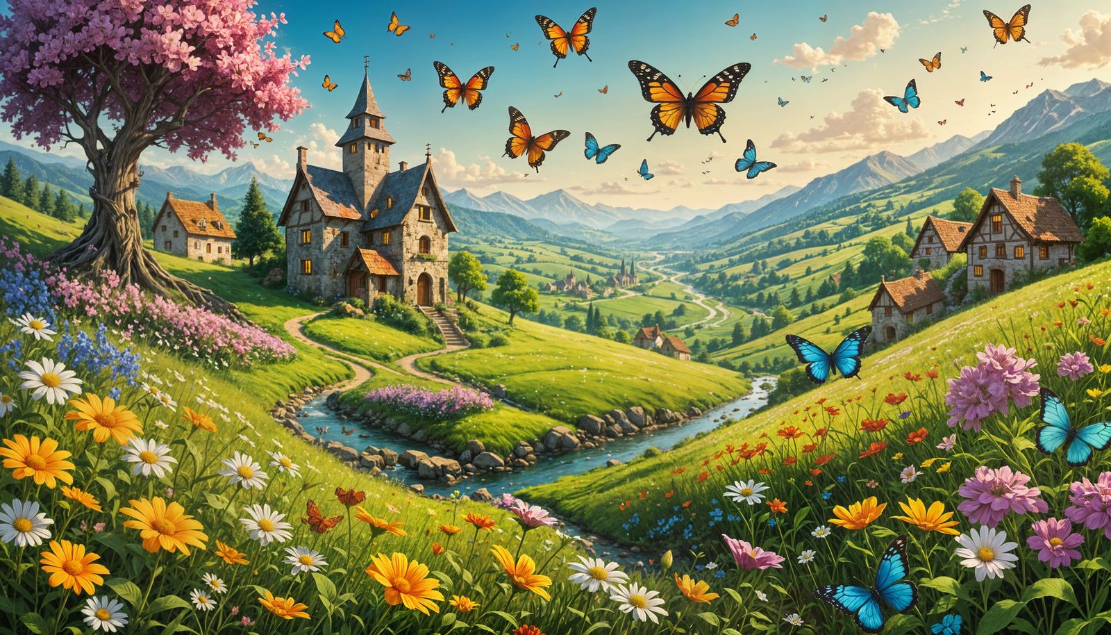 Whimsical Fantasy Landscape with Butterflies and Flowery Mea...
