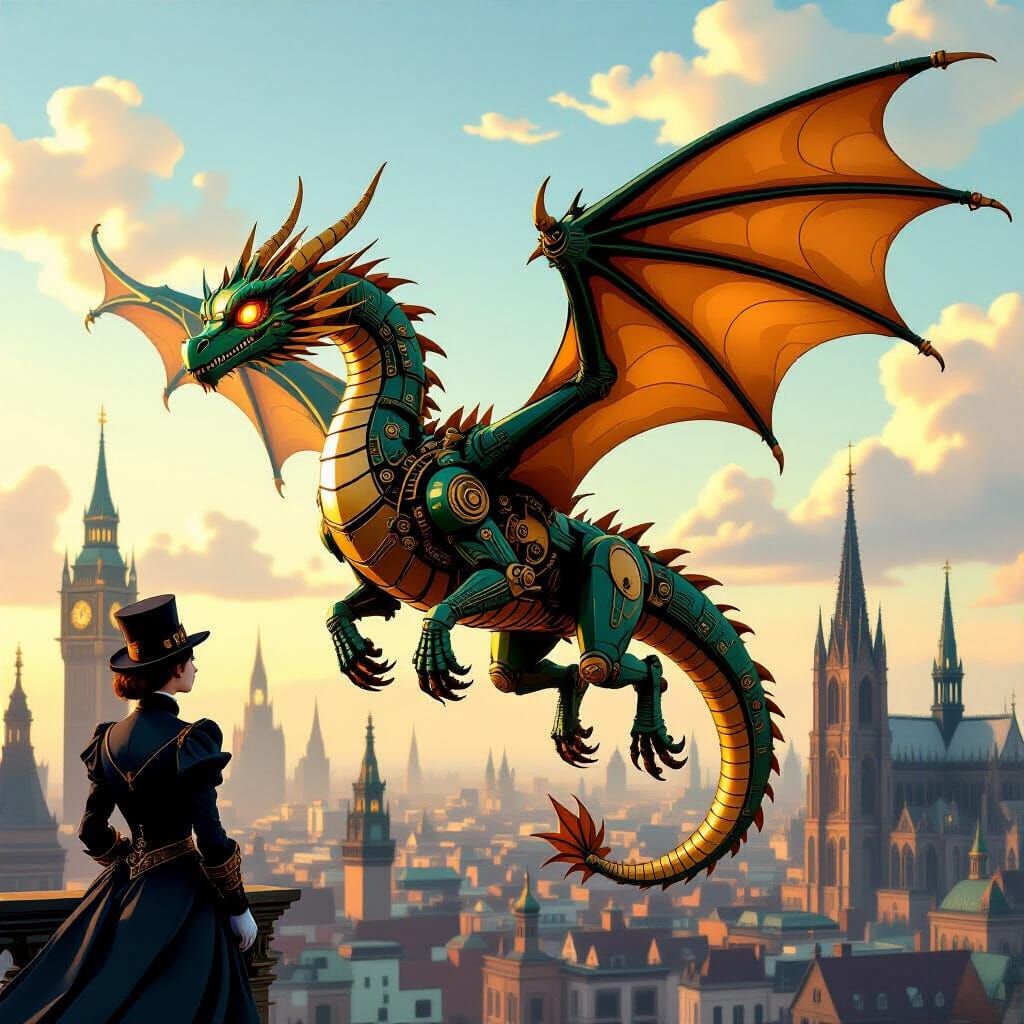 Clockwork Dragon Soaring Over Steampunk Metropolis