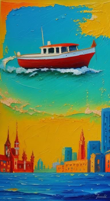 Cartoon Florian at the Gulf: Neo-Impressionist Oil Painting