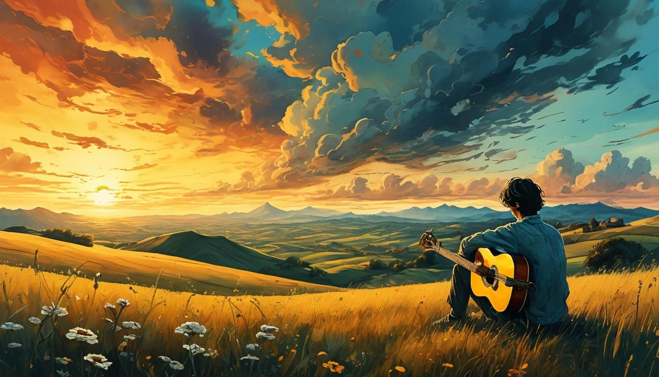 Surreal Golden Hour Guitar Serenade as Watercolor Painting