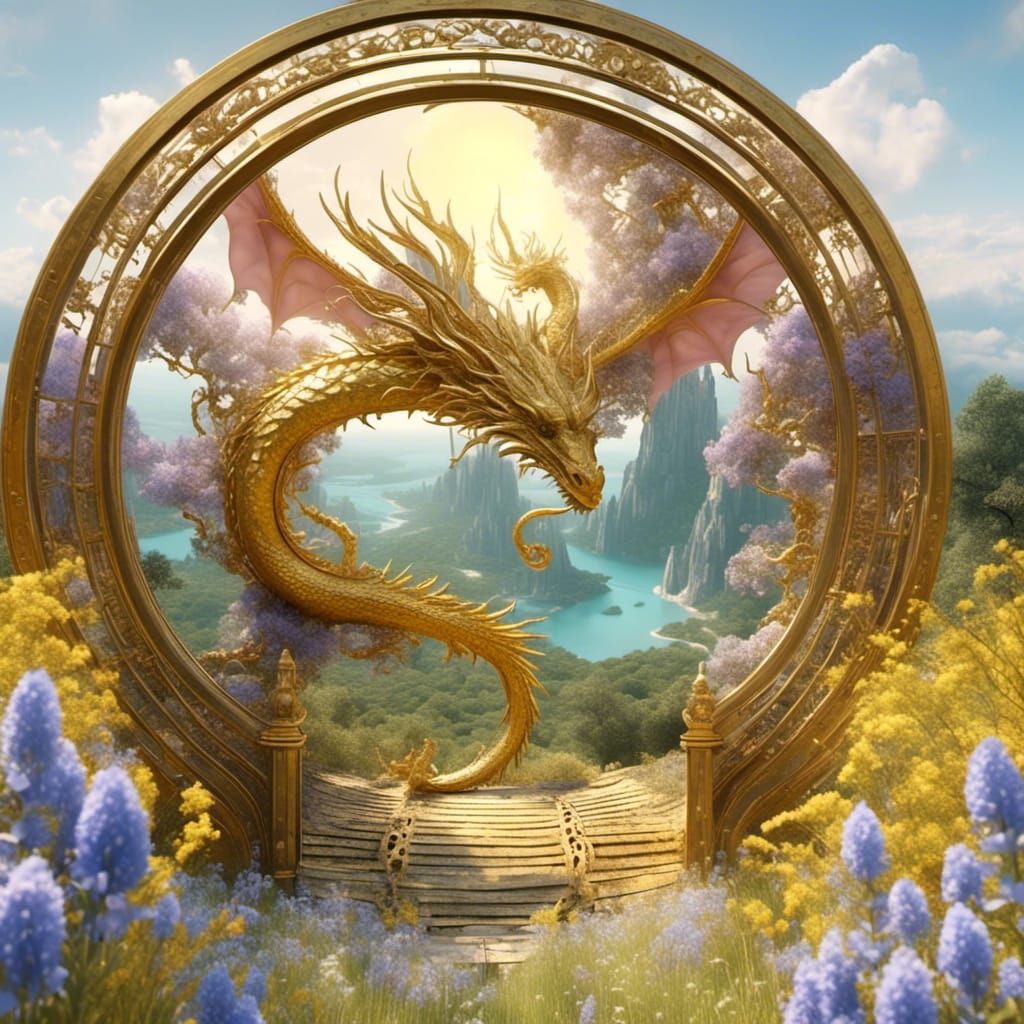 Golden Dragon Guarding Portal to Magical Land