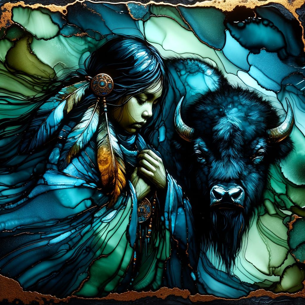 Somber Sioux Girl and Bison in Blue Alcohol Ink Glasswork