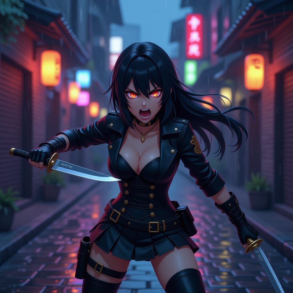 Fierce Anime Woman Screaming With Knife in Neon Alley
