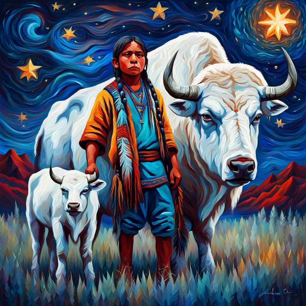 Native American Boy with White Buffalo in Impasto