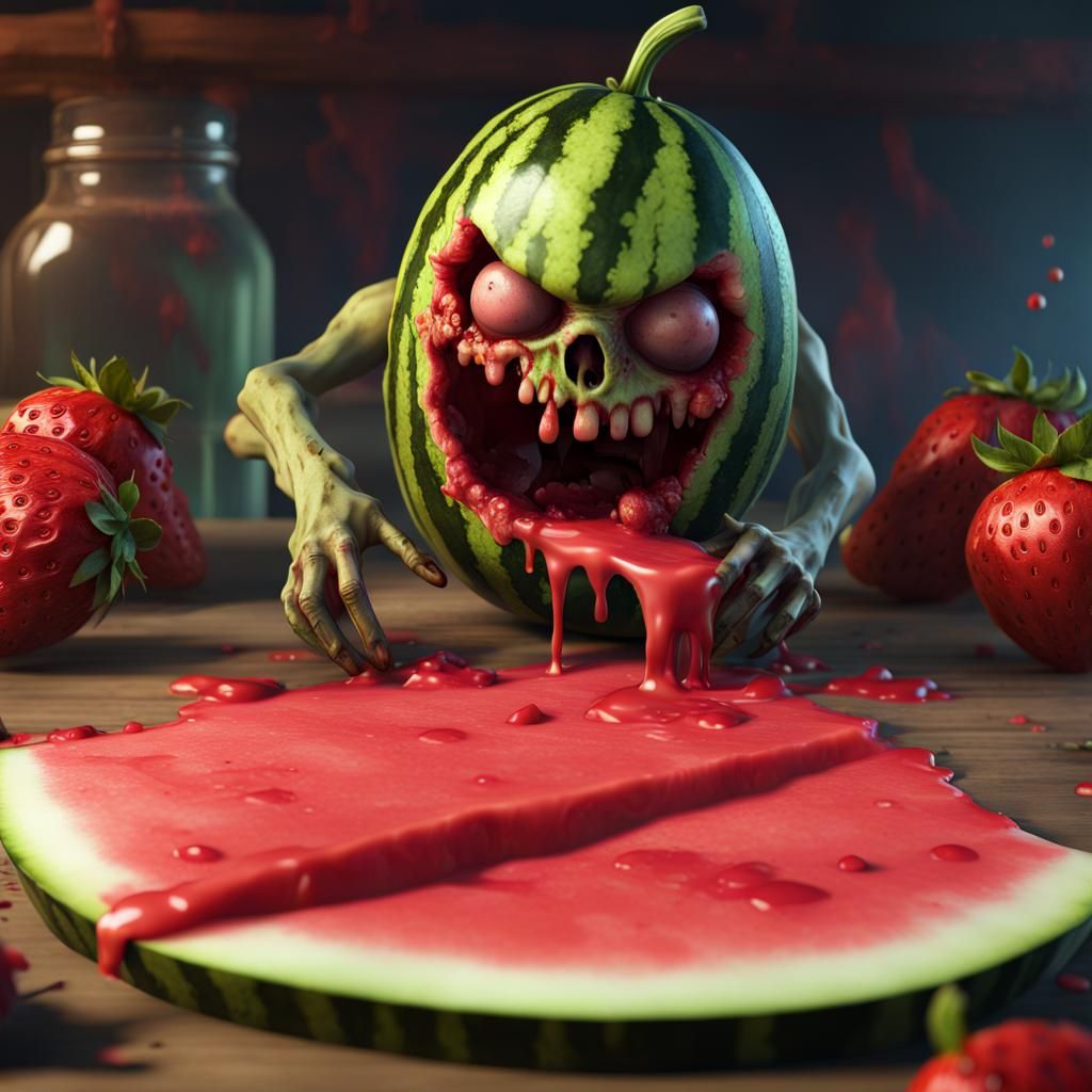 Cute Zombie Watermelon Crawling on a Table
