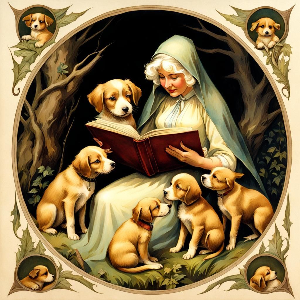 Grandma Nun with Puppies Reading a Book